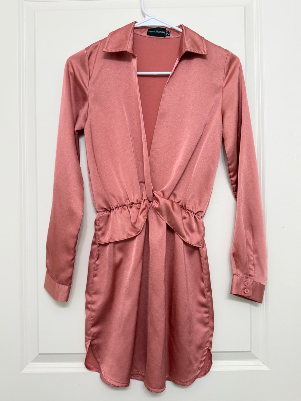 PrettyLittleThing Rose Pink Satin Long Sleeve Tie-Waist Dress